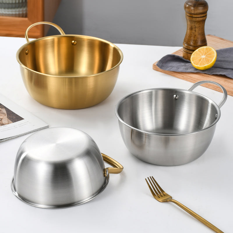 Yurtrain Stainless Steel Mixing Bowl with Gold/Silver Handle Multipurpose Disposable Rice Noodle Salad Korean Rice Wine Bowl