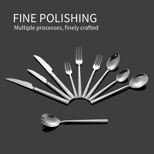 Yurtrain High Quality Art Decor Hammered 304 Stainless Steel Flatware Set Fork Spoon Knife Dishwasher Safe