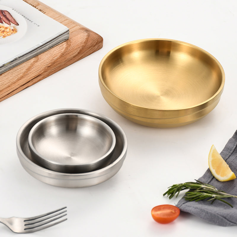 Yurtrain High Quality Stainless Steel Double Soup Ramen Bowl Korean Style Gold Thickened Disposable Rice Bowls for Cold Noodles