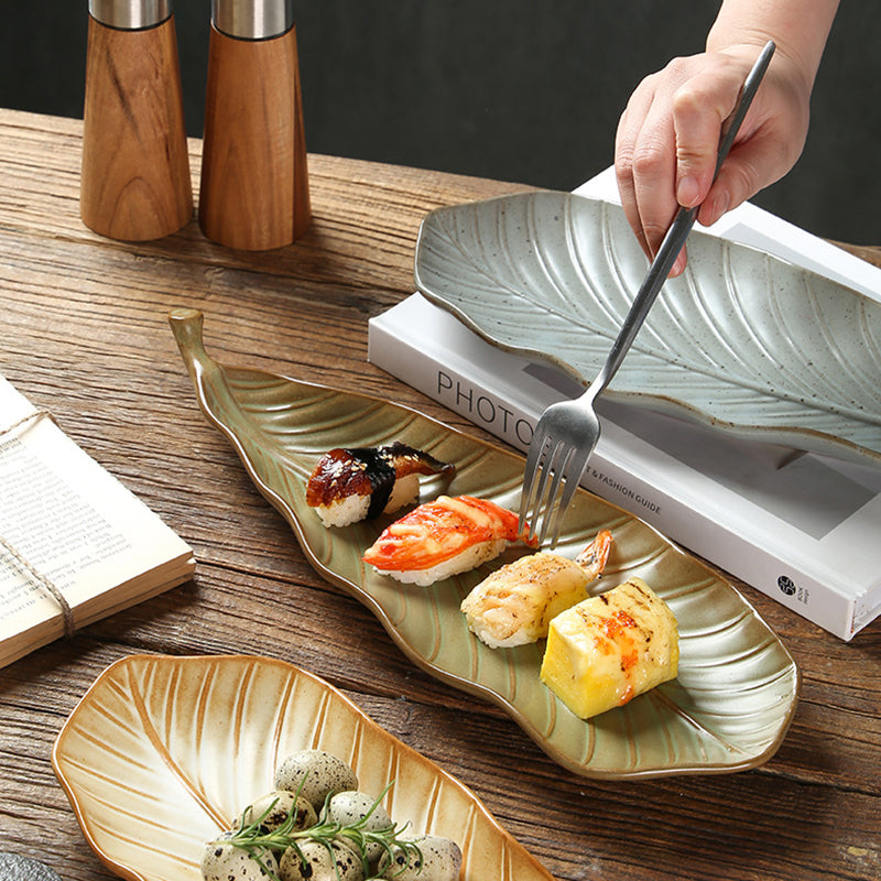 Wholesale 14inch Retro Vintage Irregular Rectangle Kitchen Dish Japanese Leaf Shape Ceramic Sushi Plate for Restaurant Hotel