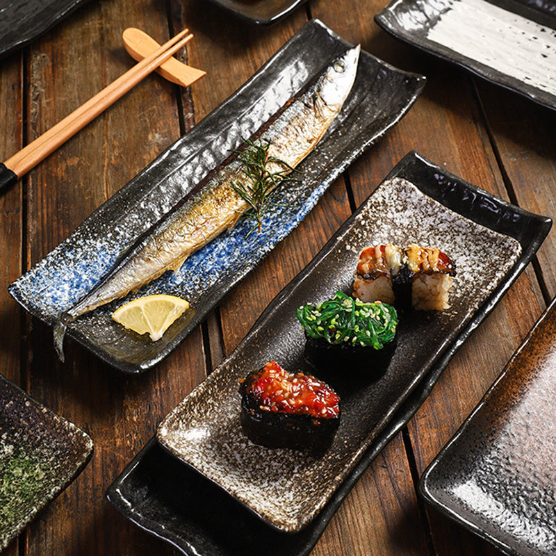 Japanese Style 8 Inch Rectangular Ceramic Sushi Serving Plate Frost Technique Salmon Seafood Tray for Restaurant Use
