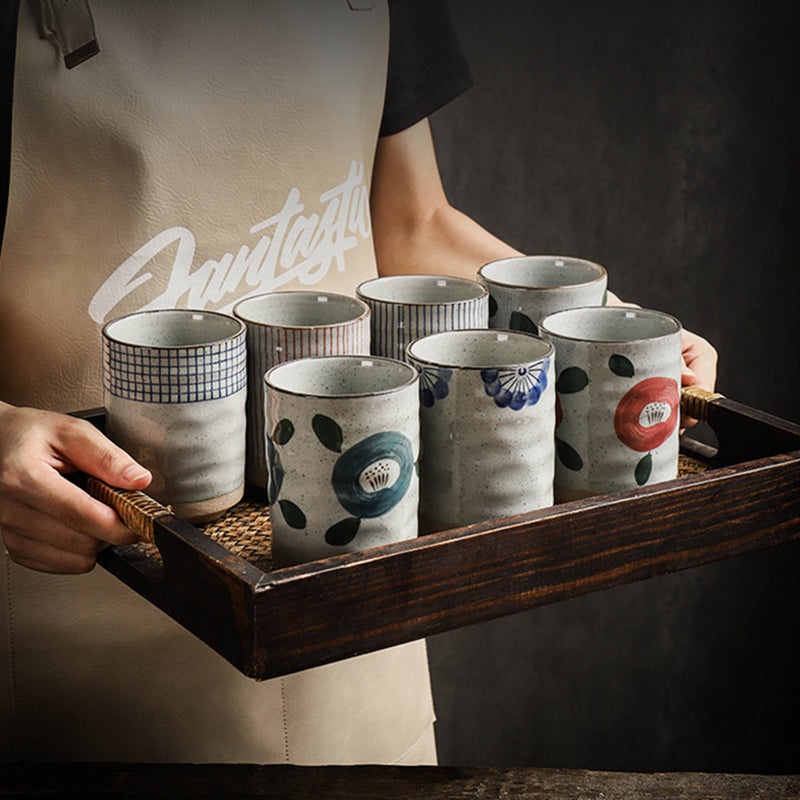 Japanese Retro Coarse Pottery Stoneware Coffee Mug Hand-Painted Ceramic Clay Espresso Cup Engraved Design for Tea Milk Water