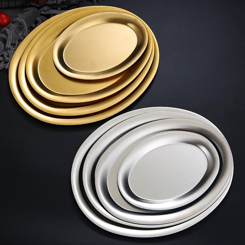 Yurtrain Stainless Steel Dish Plate Creative Golden Dan Shape BBQ Tray for Restaurant Oval Steamed Fish Plate Frost Technique
