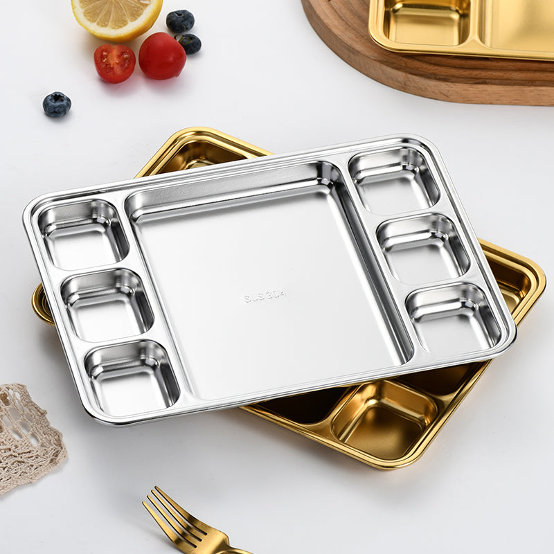 Yurtrain Korean Style Stainless Steel Snack Serving Tray 3/4/5/6/7 Grid Plate for Camping Restaurants Canteen Serving Dish
