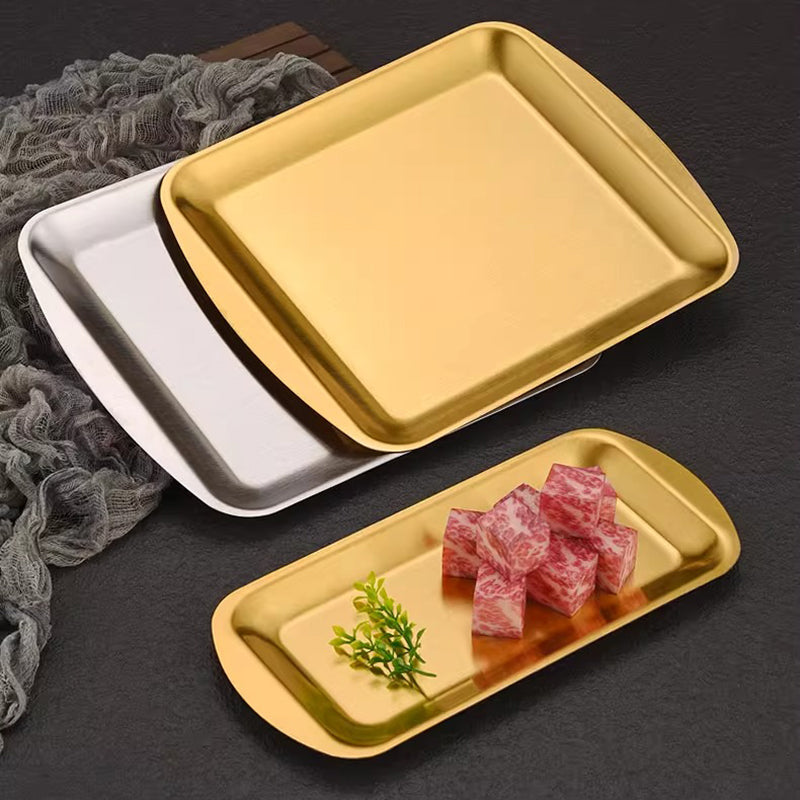 Yurtrain Korean Stainless Steel Rectangular Dish Golden Barbecue Plate with Flat Bottom Tray Shallow Plate Frosted Technique