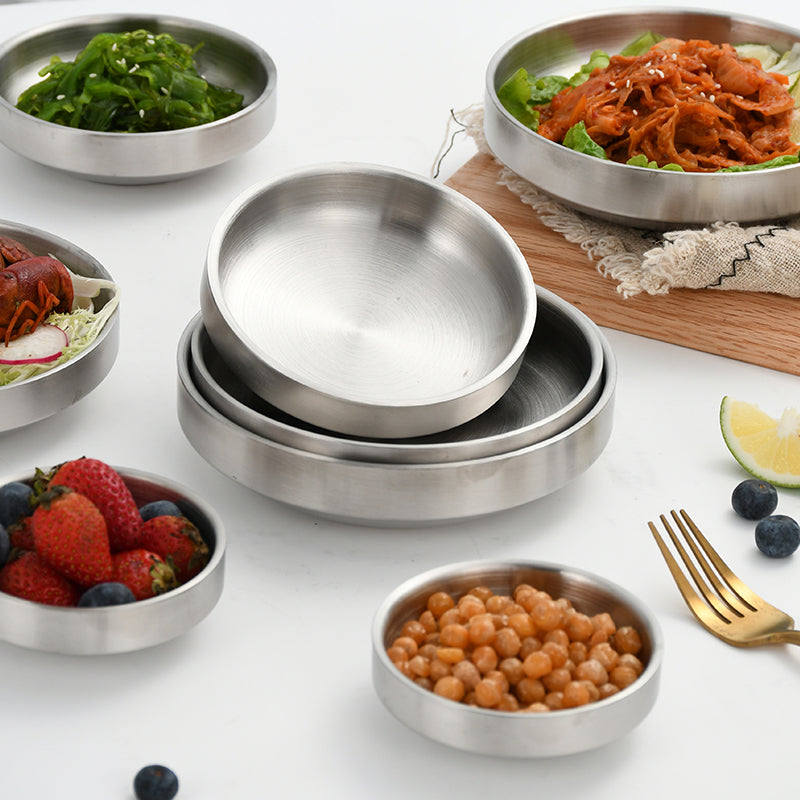 Yurtrain 304 Stainless Steel Small Double Spice Dish Korean Kimchi Plate Barbecue Household Dip Cooking Bowl Frosted Technique