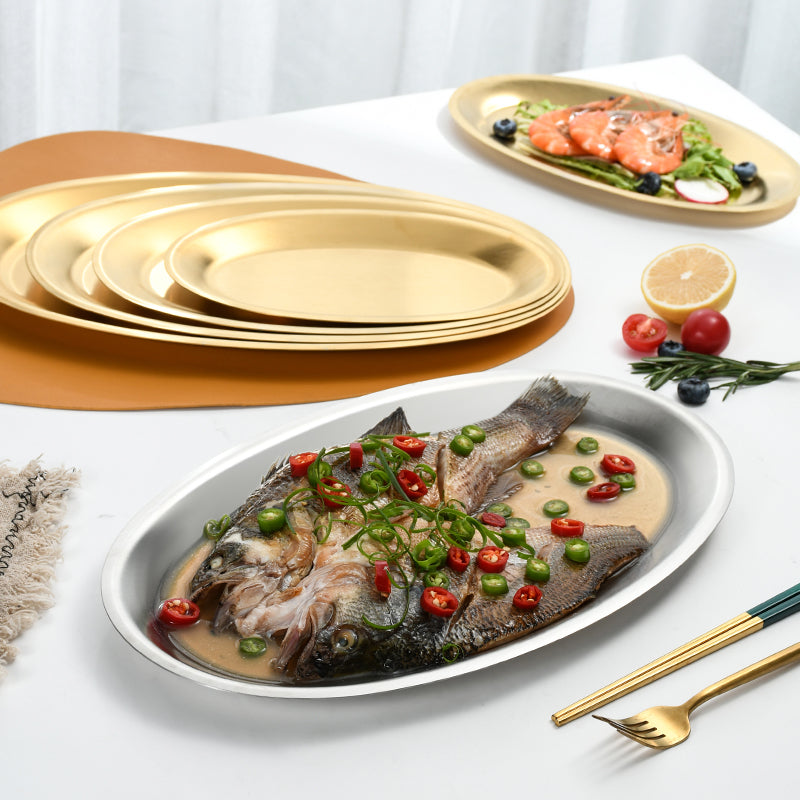 Yurtrain Stainless Steel Fish Plate Main Dish Restaurant Tray for Steaming Oval Shape Metal BBQ Vegetable Tray