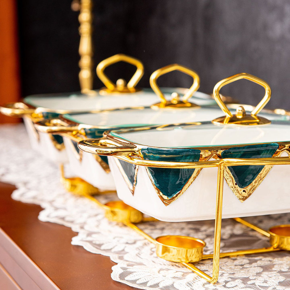 Yurtrain Europe Style Catering Equipment Buffet Serving Ceramic Chafing Dish Sets 3 Porcelain Casseroles Hot Pot Food Warmer