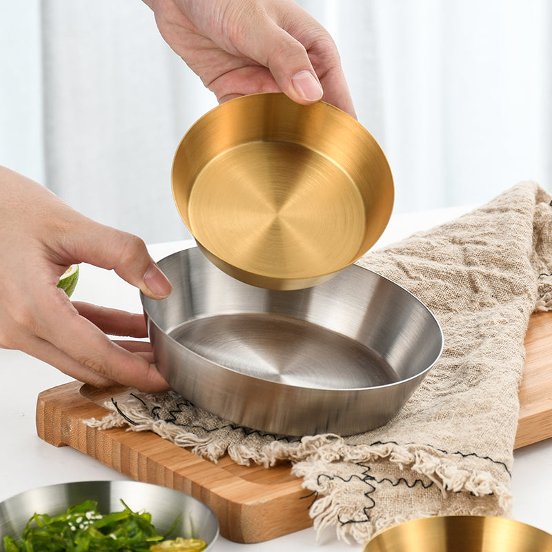Yurtrain Commercial Stainless Steel Flat Snack Dish Korean Kimchi Sauce Seasoning Barbecue Dipping Plate Metal Material