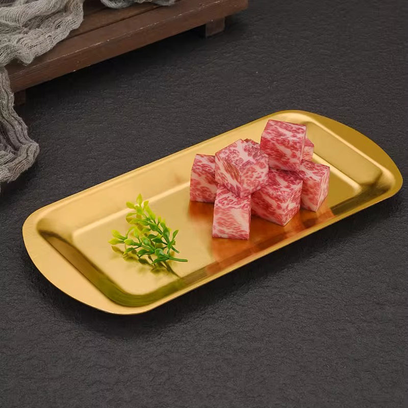 Yurtrain Korean Stainless Steel Rectangular Dish Golden Barbecue Plate with Flat Bottom Tray Shallow Plate Frosted Technique