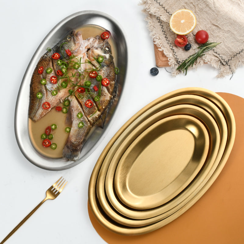 Yurtrain Stainless Steel Fish Plate Main Dish Restaurant Tray for Steaming Oval Shape Metal BBQ Vegetable Tray