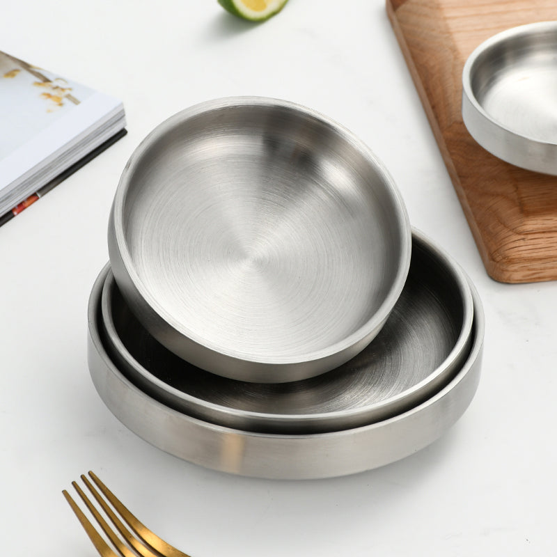 Yurtrain 304 Stainless Steel Small Double Spice Dish Korean Kimchi Plate Barbecue Household Dip Cooking Bowl Frosted Technique