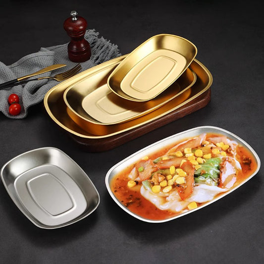 Yurtrain Custom Logo Vintage Square & Retro Style Oval Pasta Plate Stainless Steel Metal Food Dish for Restaurant Camping Snacks