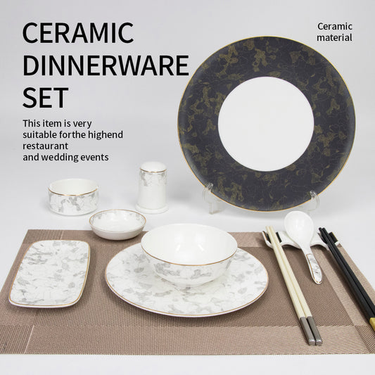 Yurtrain Luxury Round Shallow Charger Plate with Gold Rim Porcelain Stoneware Ceramic Dinnerware Set with Side Dishes & Plate
