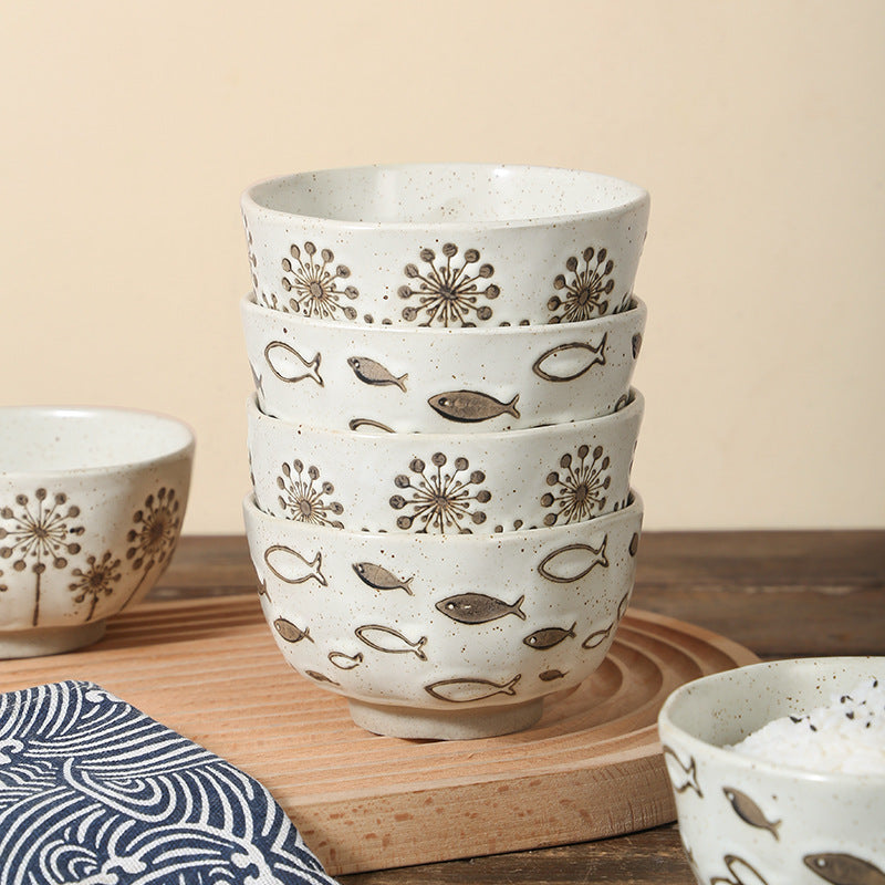 Japanese Style Retro Ceramic Tableware Disposable Round Porcelain Noodle Bowls Household Soup Bowls for Restaurant Use