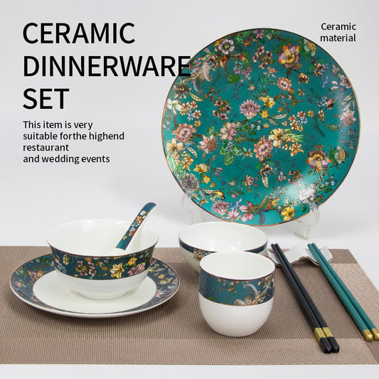 Yurtrain Luxurious Ceramic White Green Flower Dinnerware Set Durable Gold Rim Bowls Dish Plate Spoon Combination