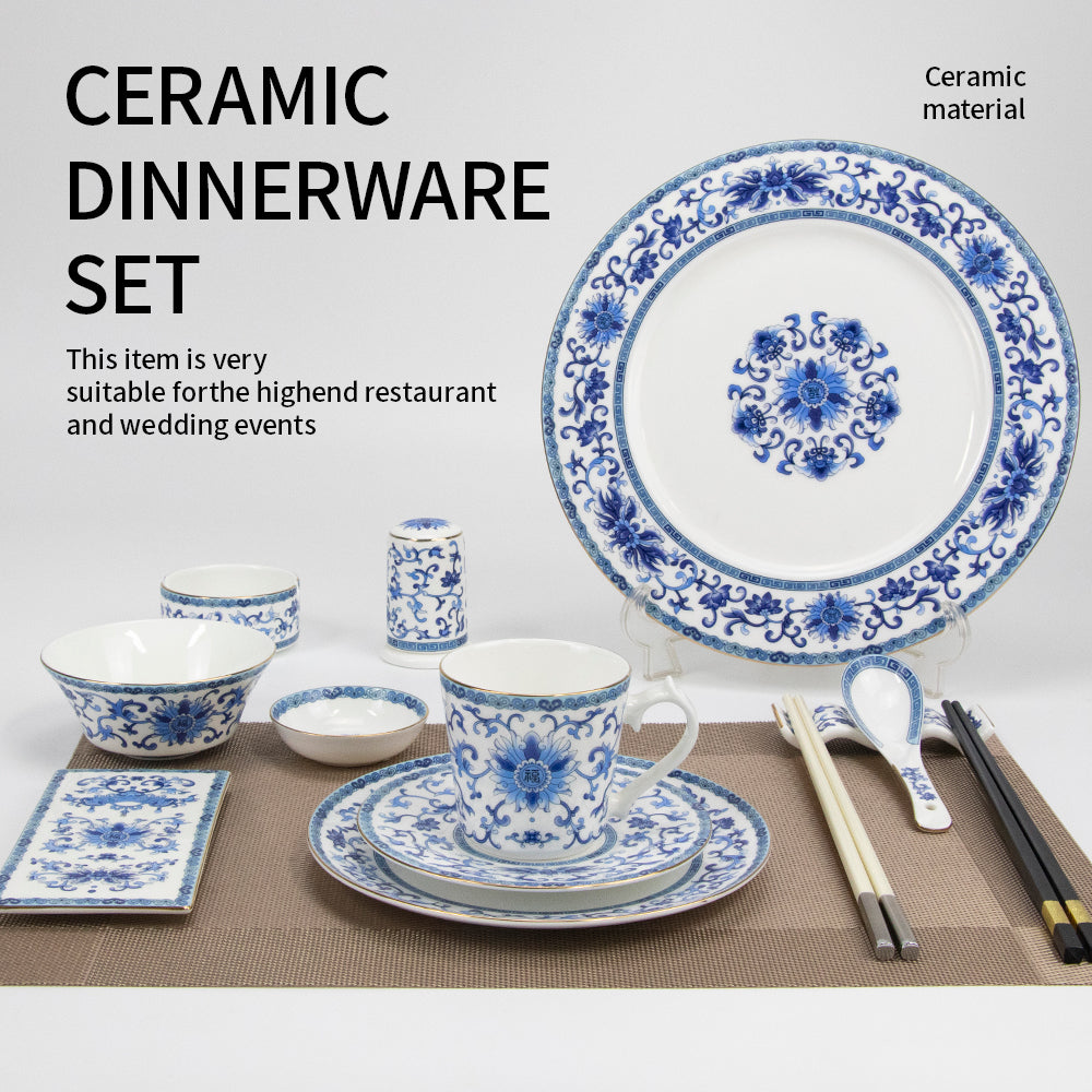 Yurtrain Fine Dining Porcelain Dinnerware Set Chinese Floral Ceramic Plates Blue White Color Sustainable Features