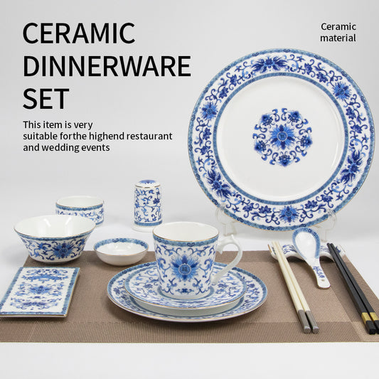 Yurtrain Fine Dining Porcelain Dinnerware Set Chinese Floral Ceramic Plates Blue White Color Sustainable Features