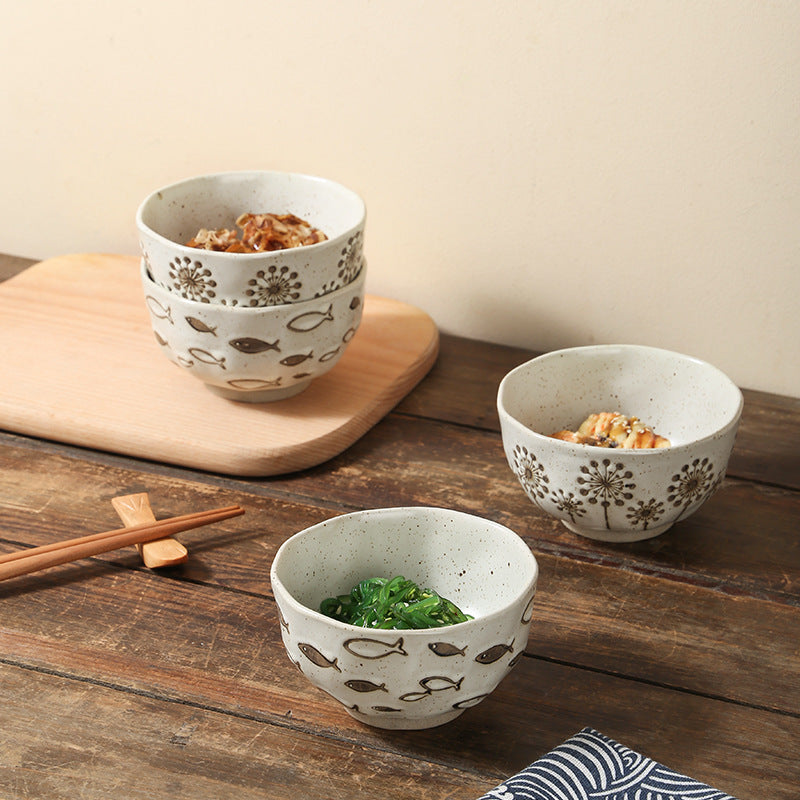 Japanese Style Retro Ceramic Tableware Disposable Round Porcelain Noodle Bowls Household Soup Bowls for Restaurant Use