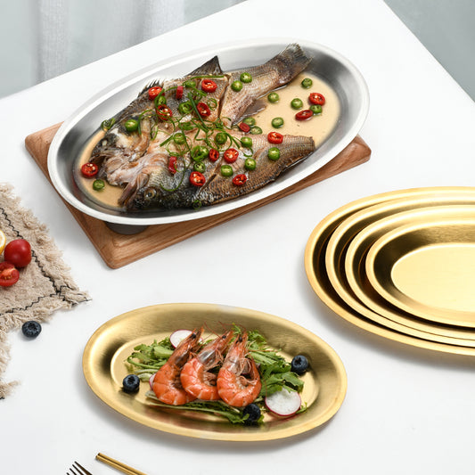 Yurtrain Stainless Steel Fish Plate Main Dish Restaurant Tray for Steaming Oval Shape Metal BBQ Vegetable Tray