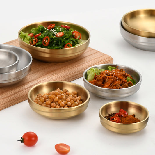 Yurtrain High Quality Stainless Steel Double Soup Ramen Bowl Korean Style Gold Thickened Disposable Rice Bowls for Cold Noodles