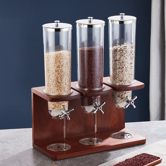 Yurtrain Hotel Commercial Food Storage Container 3 Tank Candy Corn Nut Dispensers Sapele Wood Base Grain and Cereal Dispenser