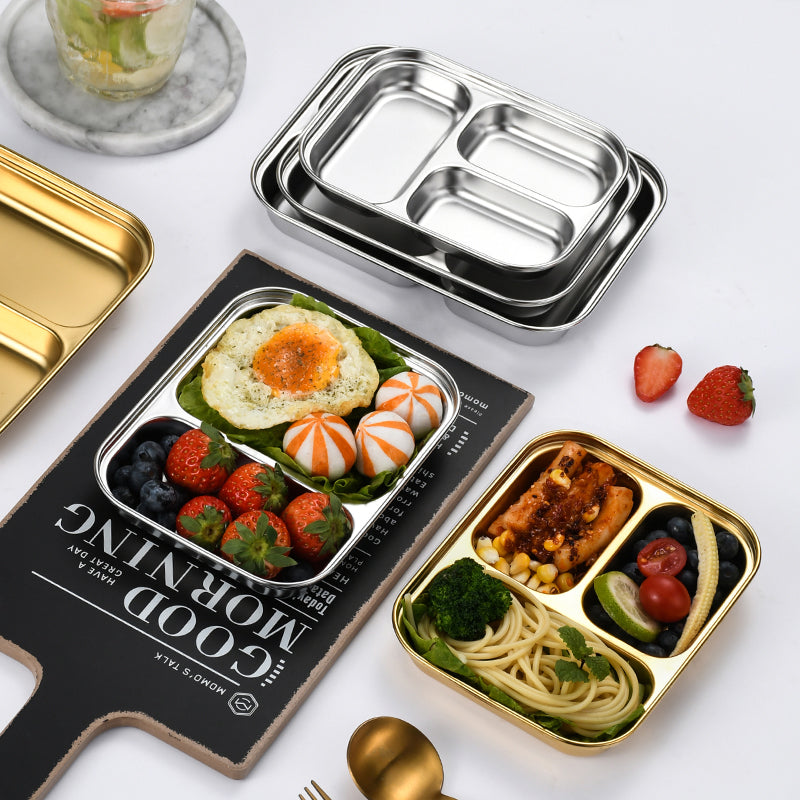 Yurtrain Bento 304 Stainless Steel Korean Food Lunch Plate 2/3 Compartment Dinner Plate Silver Dish for Kids and Toddlers