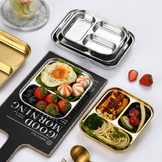Yurtrain Bento 304 Stainless Steel Korean Food Lunch Plate 2/3 Compartment Dinner Plate Silver Dish for Kids and Toddlers