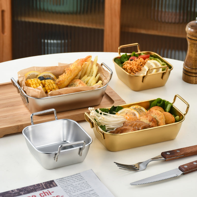 Yurtrain Restaurant Stainless Steel Rectangle Snack Tray Handle Wholesale Fried Chicken Plate French Fry Food Basket for Metal