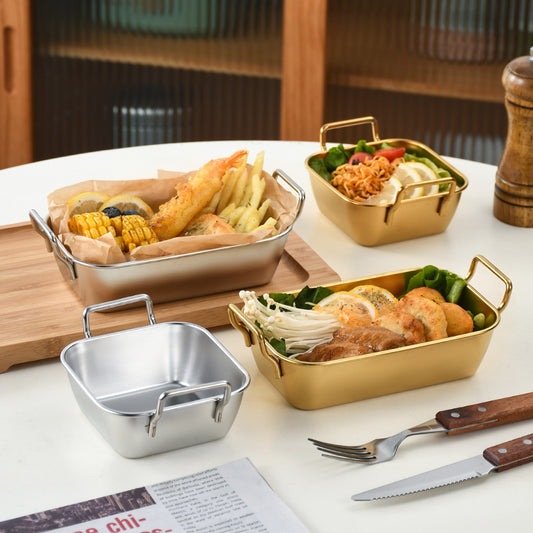 Yurtrain Restaurant Stainless Steel Rectangle Snack Tray Handle Wholesale Fried Chicken Plate French Fry Food Basket for Metal