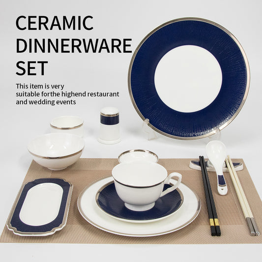 Yurtrain High-End Durable Ceramic Western Food Plate Set Blue Gold Edged Steak Plate for Hotel Restaurant Table Arrangement
