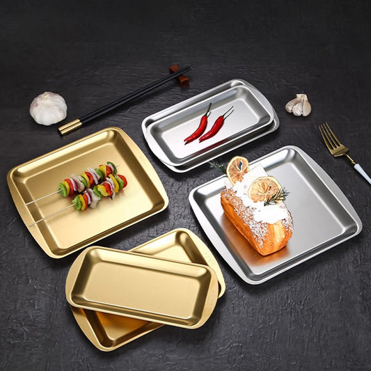 Yurtrain Korean Dinnerware Stainless Steel Rectangular and Square Serving Trays Dessert and Sushi Plate Dish for Restaurant Use