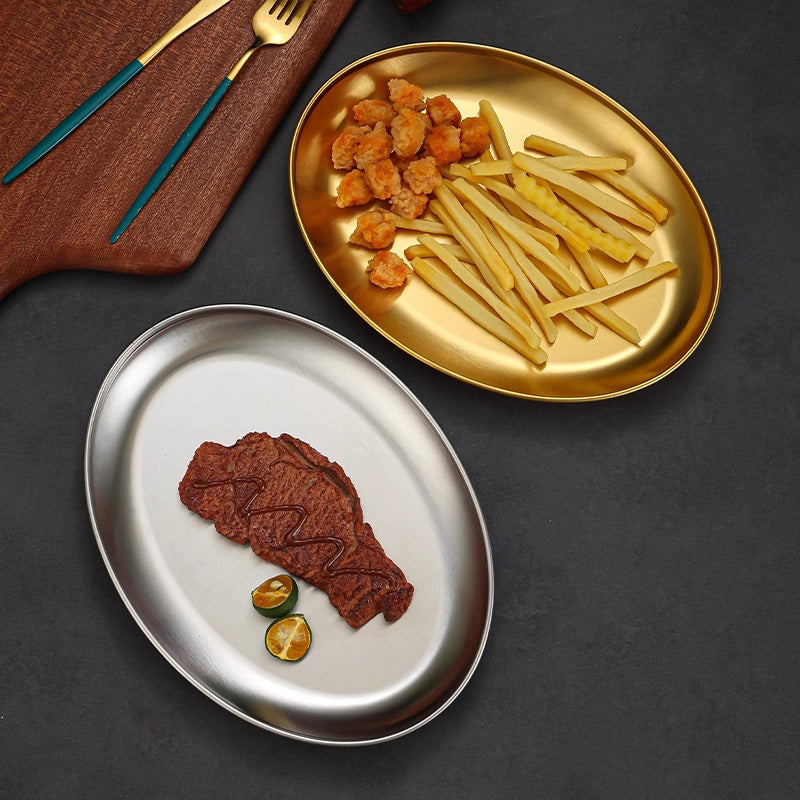 Yurtrain Retro Stainless Steel Elliptical Disc Dish & Plate for Serving Barbecue Fish & Snack