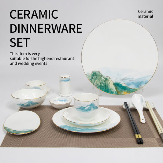 Yurtrain Bone Dish Set Glazed Floral Blue & White Ceramic Dinnerware Durable Tableware Suit with Phnom Penh Landscape Painting