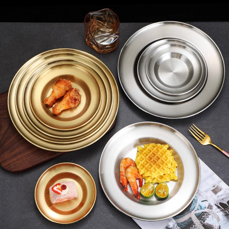 Yurtain Wholesale Stainless Steel Round Serving Tray and Metal Plate Dishes for Restaurant Home or Hotel Use