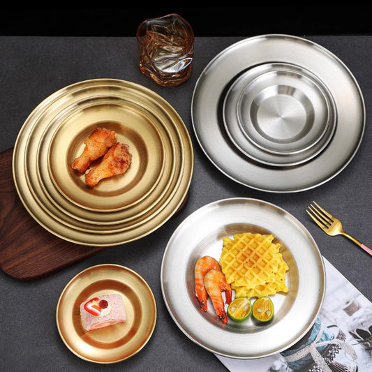 Yurtain Wholesale Stainless Steel Round Serving Tray and Metal Plate Dishes for Restaurant Home or Hotel Use