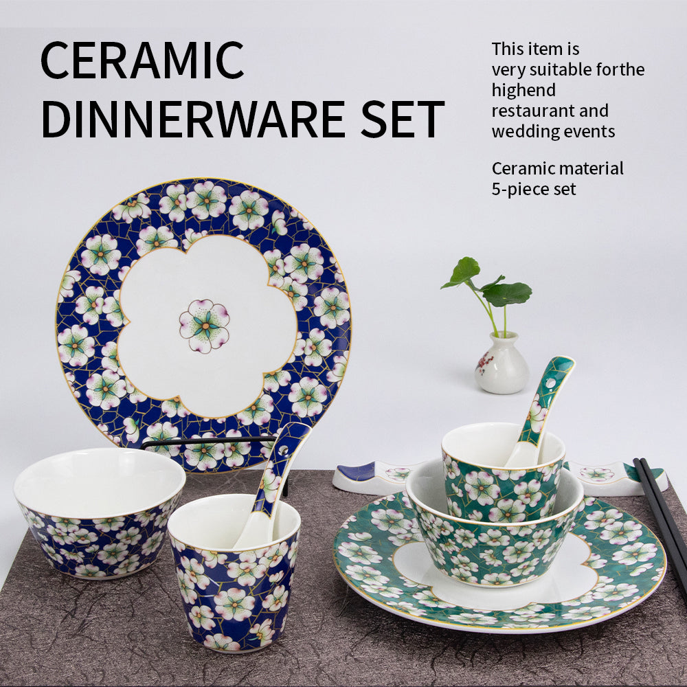 Yurtrain European Classic Bohemian Ceramic Bowls Plates Sets Green Hotel Dinnerware Porcelain Tableware Durable Hot Selling