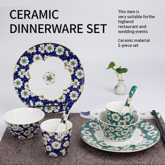 Yurtrain European Classic Bohemian Ceramic Bowls Plates Sets Green Hotel Dinnerware Porcelain Tableware Durable Hot Selling