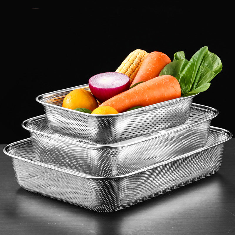 Yurtrain Metal Vegetable Washing Square Basin Stainless Steel Basin with Drain Basket Colander Strainer Basket Set