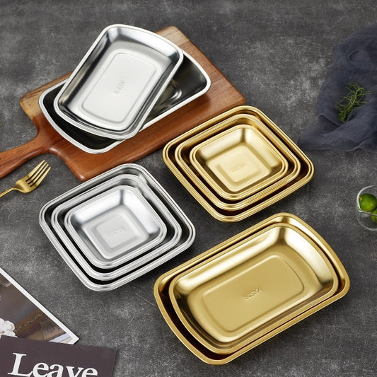 Yurtrain 304 Stainless Steel Square Plate Commercial Barbecue Dish Flat Bottom Tray for Rice Noodles Silver Wedding Accessory