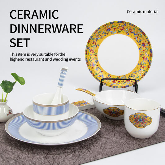 Yurtrain Nordic Vintage Royal Bone China Dinnerware Sets Elegant Decal Gold Rim Banquet Restaurant Plates Ceramic Wholesale