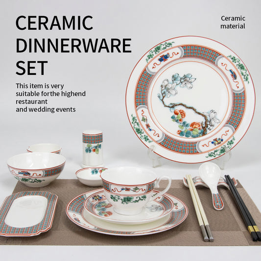 Yurtrain Retro Florals Ethnic Style Bone Porcelain Tableware Dinnerware Set with Bowls and Plates for Wedding Celebrations