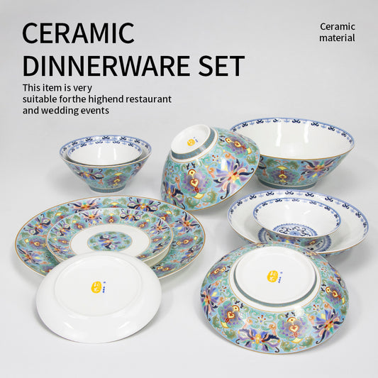 Yurtrain New Bone China Floral Design Dinnerware Set Durable Porcelain Dining Plates Dish and Bowl Set