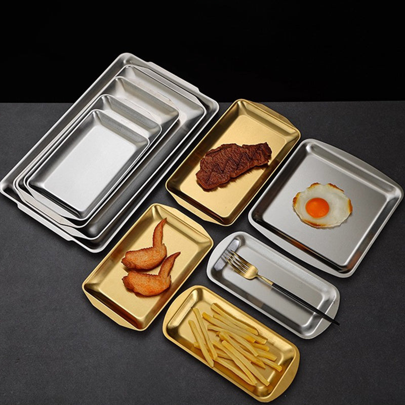 Yurtrain Korean Dinnerware Stainless Steel Rectangular and Square Serving Trays Dessert and Sushi Plate Dish for Restaurant Use