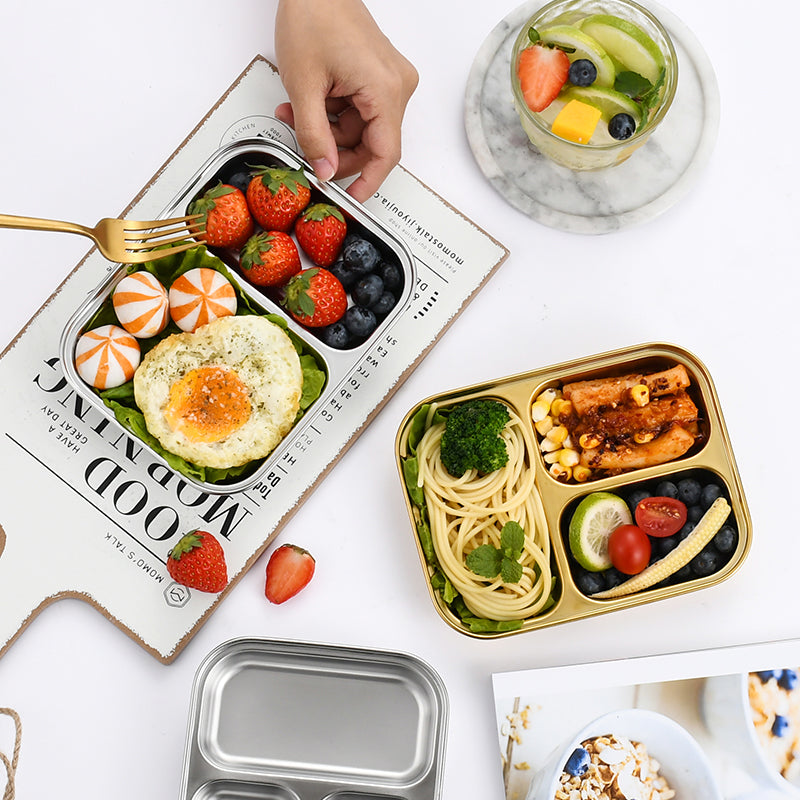 Yurtrain Bento 304 Stainless Steel Korean Food Lunch Plate 2/3 Compartment Dinner Plate Silver Dish for Kids and Toddlers