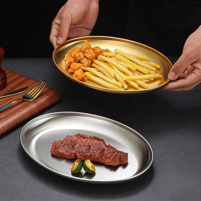 Yurtrain Retro Stainless Steel Elliptical Disc Dish & Plate for Serving Barbecue Fish & Snack
