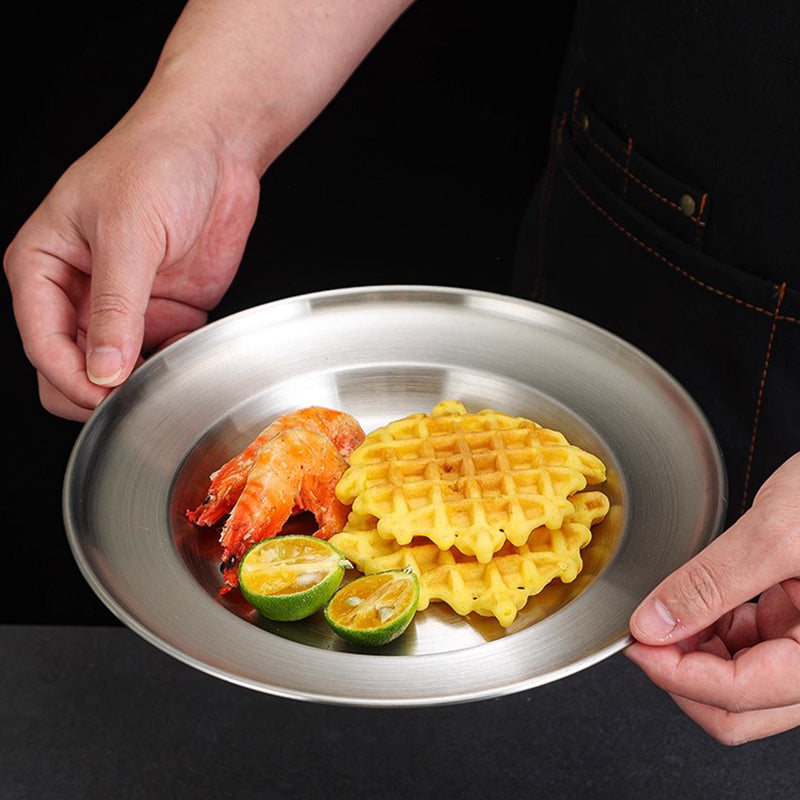 Yurtain Wholesale Stainless Steel Round Serving Tray and Metal Plate Dishes for Restaurant Home or Hotel Use
