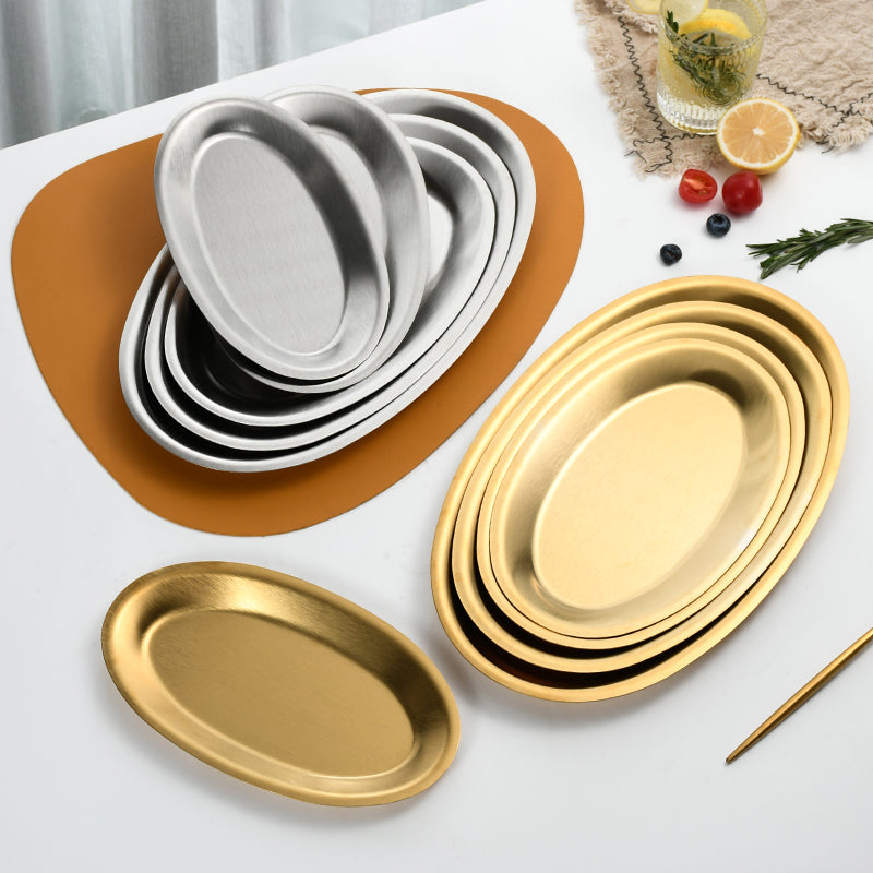 Yurtrain Stainless Steel Fish Plate Main Dish Restaurant Tray for Steaming Oval Shape Metal BBQ Vegetable Tray