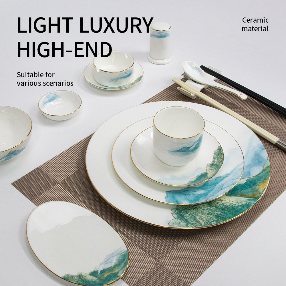 Yurtrain Bone Dish Set Glazed Floral Blue & White Ceramic Dinnerware Durable Tableware Suit with Phnom Penh Landscape Painting