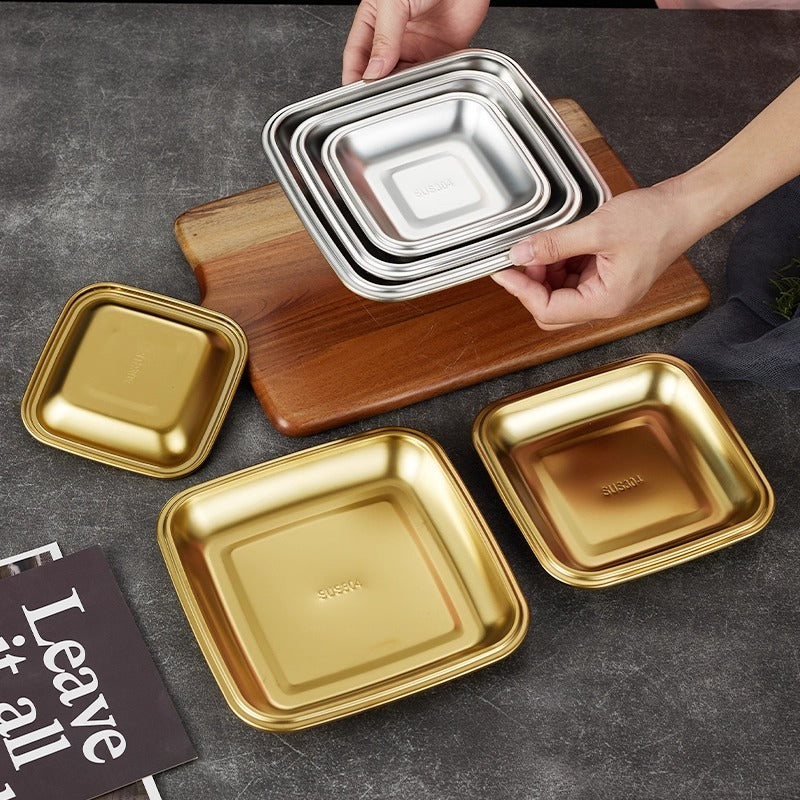 Yurtrain 304 Stainless Steel Square Plate Commercial Barbecue Dish Flat Bottom Tray for Rice Noodles Silver Wedding Accessory